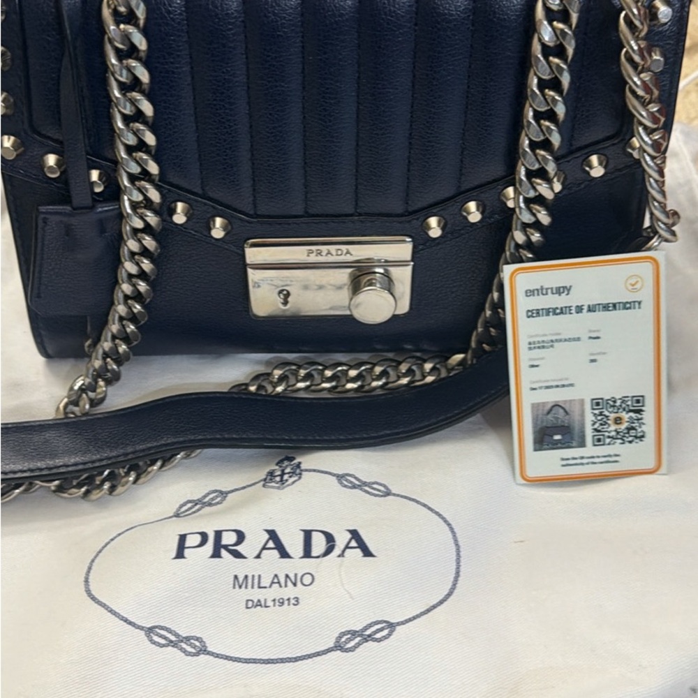 Prada Navy Leather Bag with Silver Chain